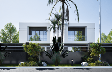 A 2 bedroom semi-detached townhouse for sale in Adenta Accra with green plants around them and are standing side by side