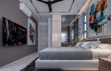 A luxury bedroom with a nicely laid bed with a white bedsheet. The bed view from the camera is a left side view